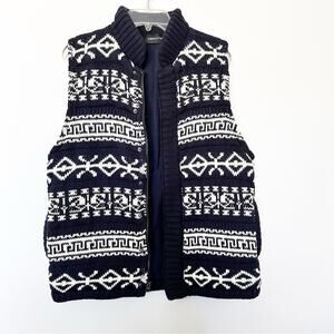 Claiborne Fair Isle Geometric Print Sweater Puffer Vest Navy White Medium Y2K